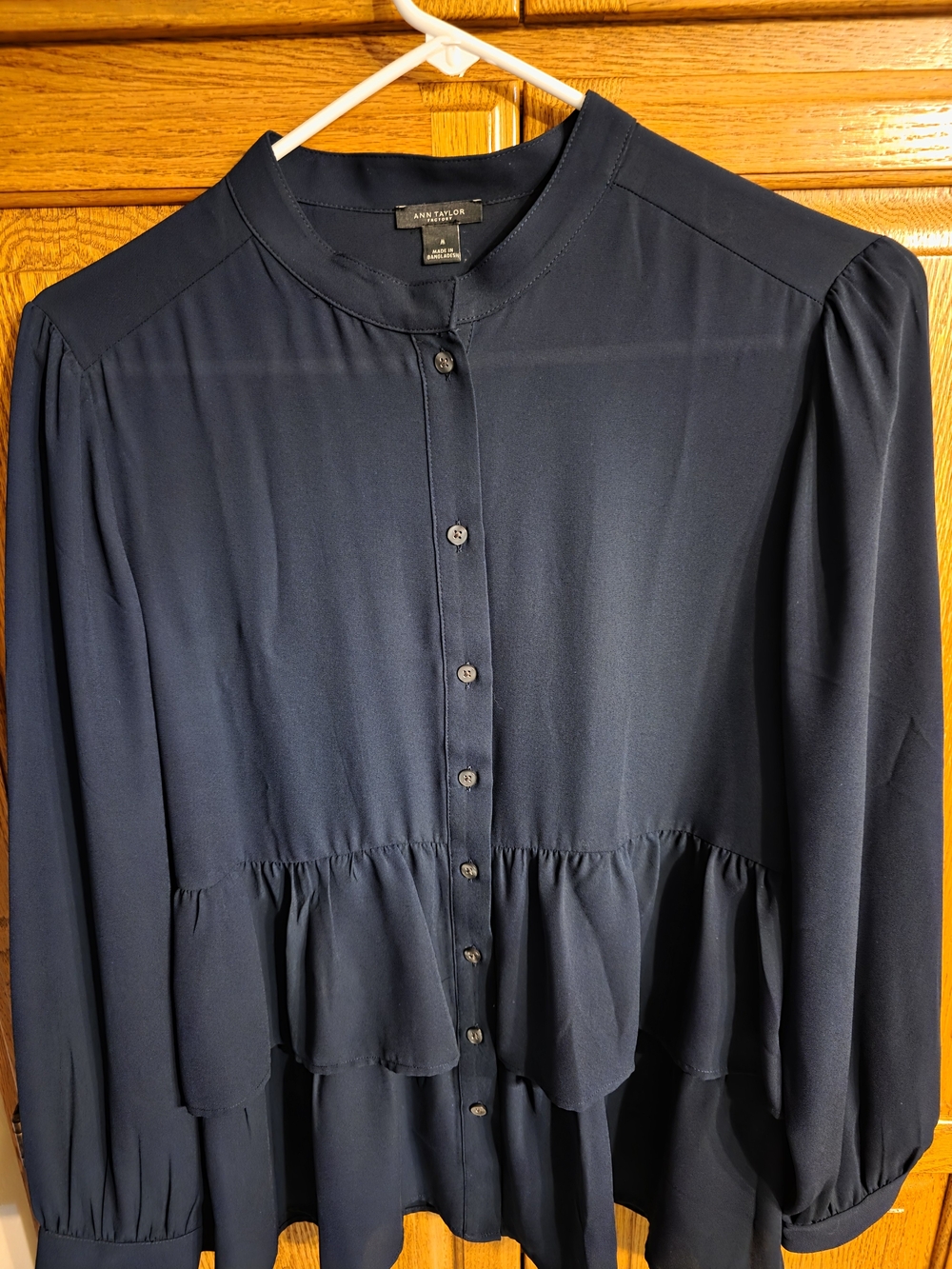 Ann Taylor Navy Ruffle-Peplum Button Front Blouse